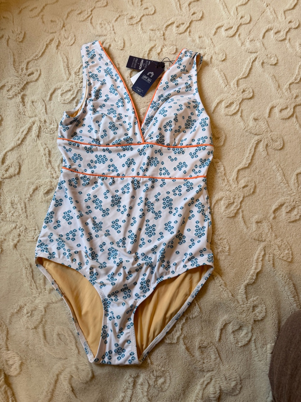 Cabana Life Bathing Suit with Teal Floral Print and Coral Piping